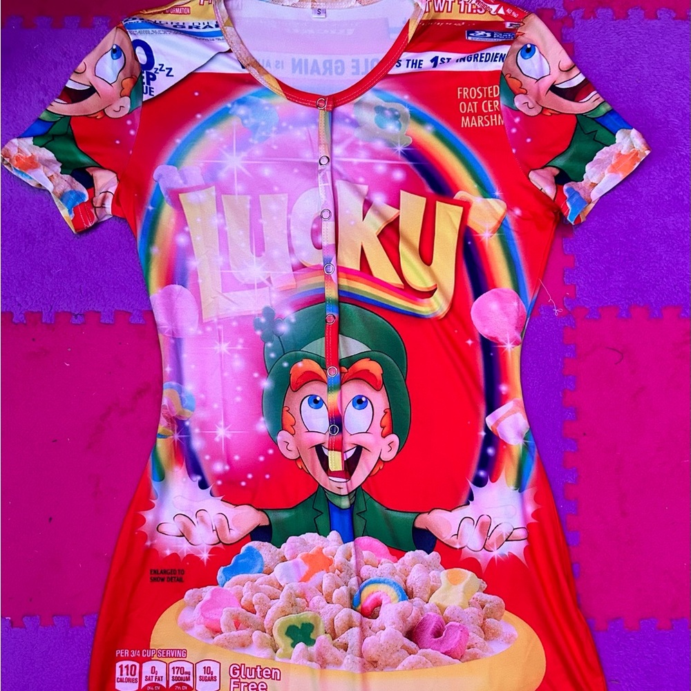 Women’s short sleeves romper Lucky charm cereal onesie.